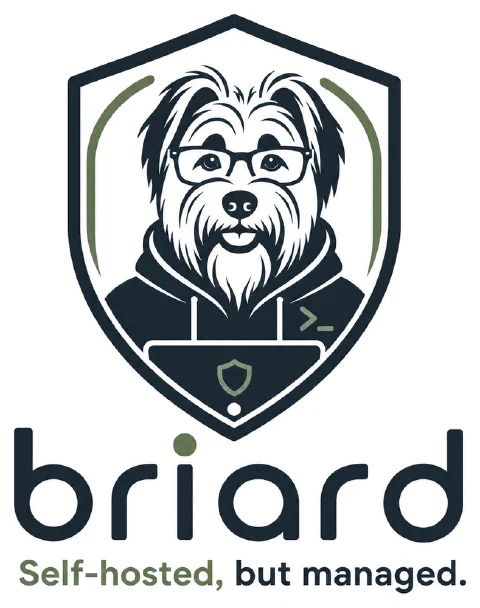 Briard — a briard dog at a laptop, on a shield, above the words
              "Self-hosted, but managed."